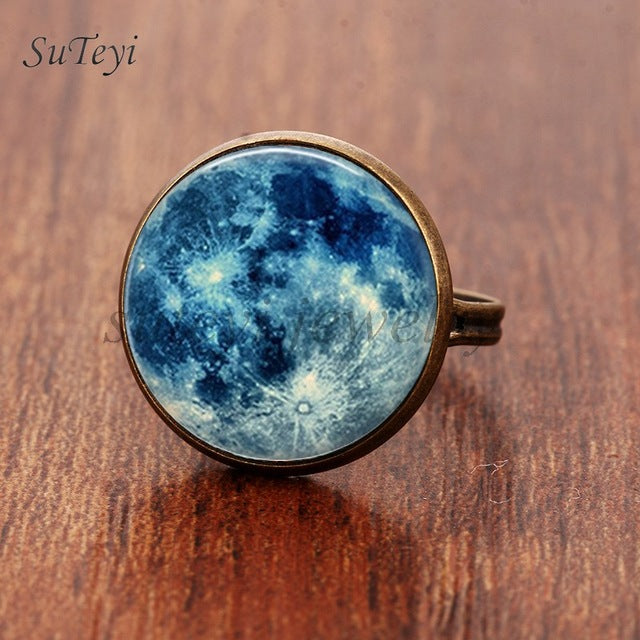 Galaxy Star Moon Glass Cabonchon Ring