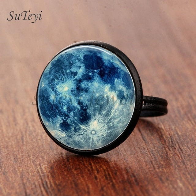 Galaxy Star Moon Glass Cabonchon Ring