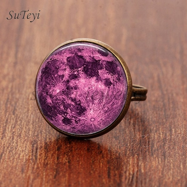 Galaxy Star Moon Glass Cabonchon Ring
