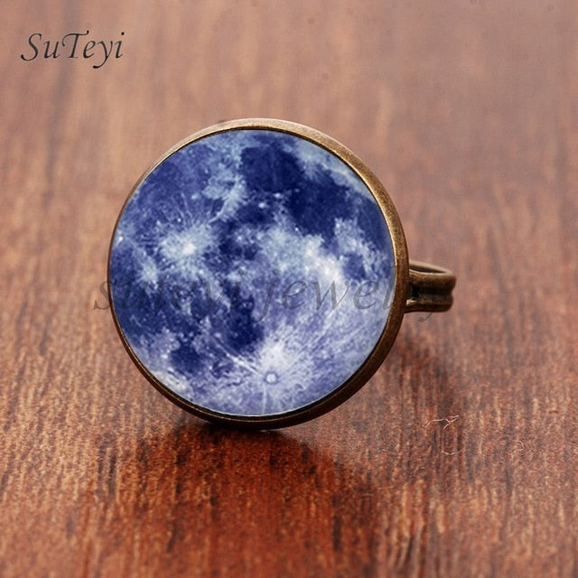 Galaxy Star Moon Glass Cabonchon Ring