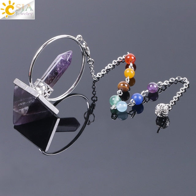Reiki Healing 7 Chakra Natural Stone Pendulum for Dowsing Hexagonal Pyramid White Pink Crystal Obsidian Pendants