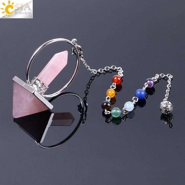 Reiki Healing 7 Chakra Natural Stone Pendulum for Dowsing Hexagonal Pyramid White Pink Crystal Obsidian Pendants