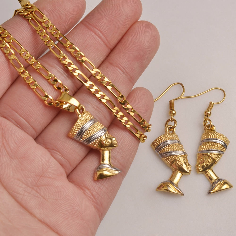 Nefertiti Queen Portrait Pendant Necklace & Earrings Egyptian