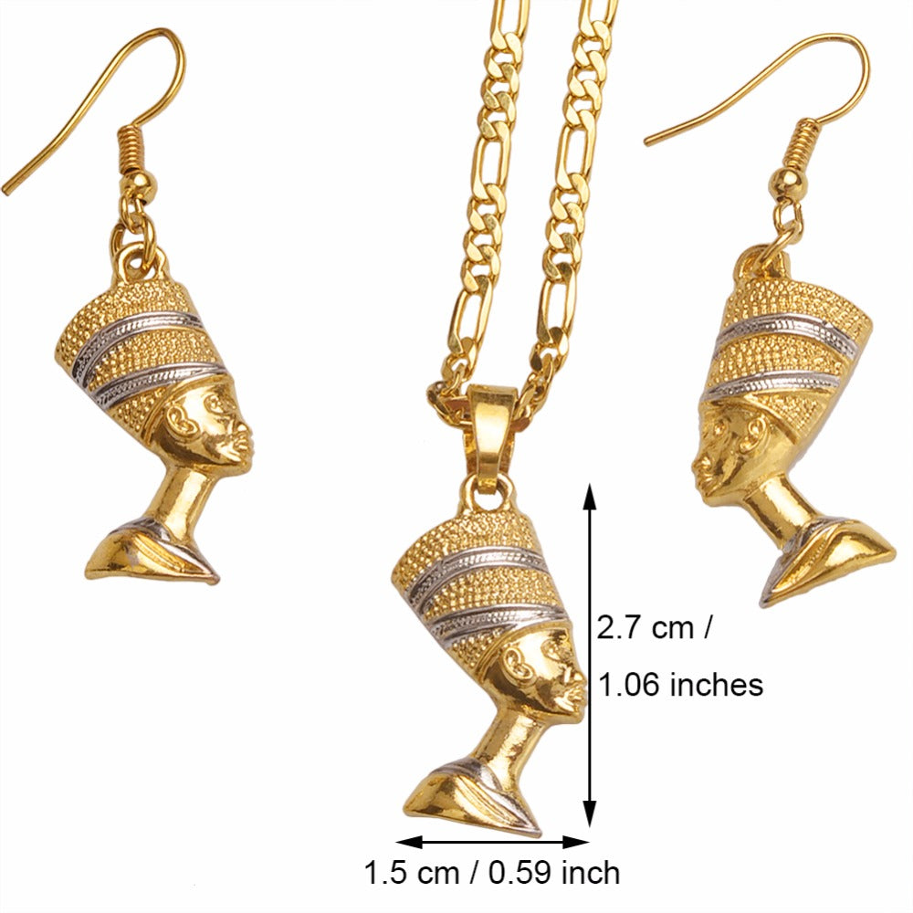 Nefertiti Queen Portrait Pendant Necklace & Earrings Egyptian