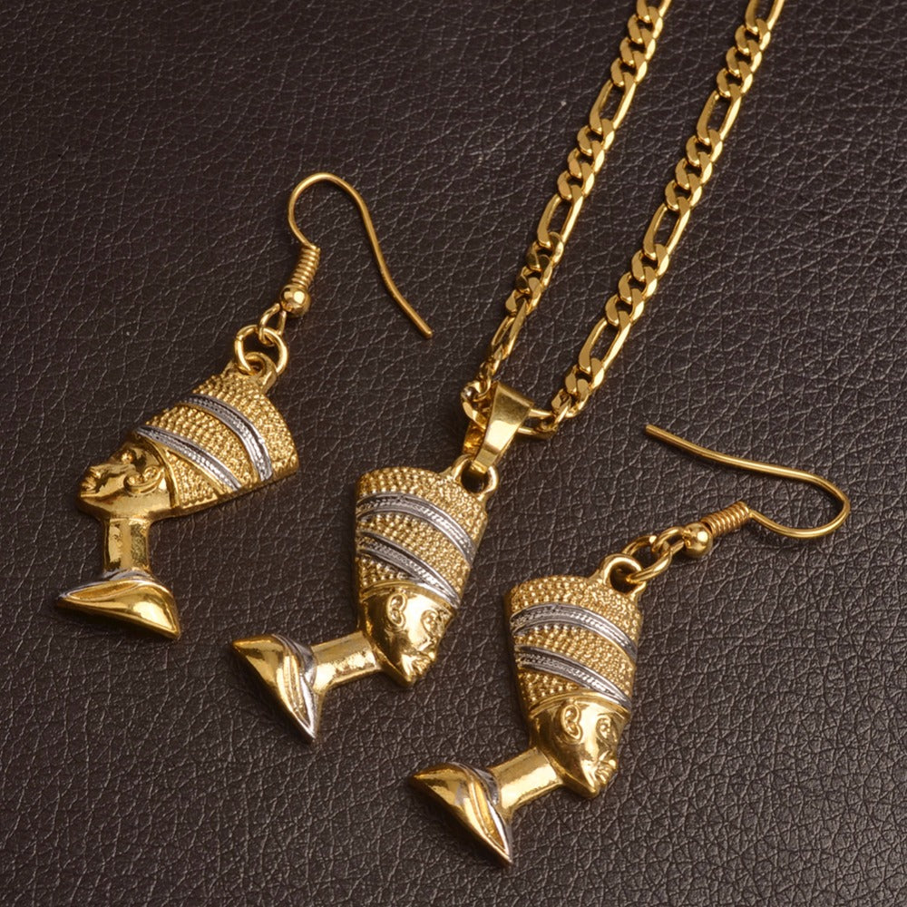 Nefertiti Queen Portrait Pendant Necklace & Earrings Egyptian