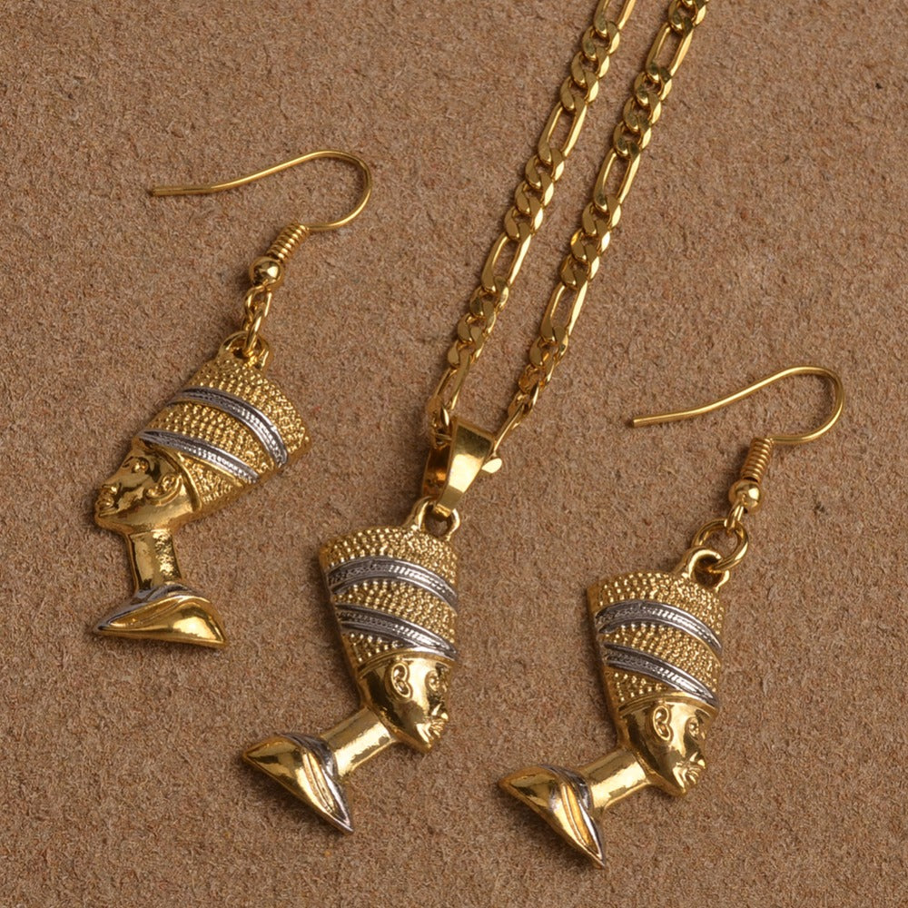 Nefertiti Queen Portrait Pendant Necklace & Earrings Egyptian