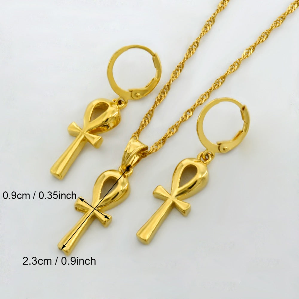 Ankh Pendant & Chain Gold Earrings