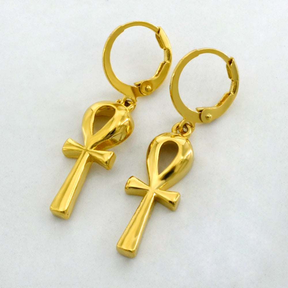 Ankh Pendant & Chain Gold Earrings