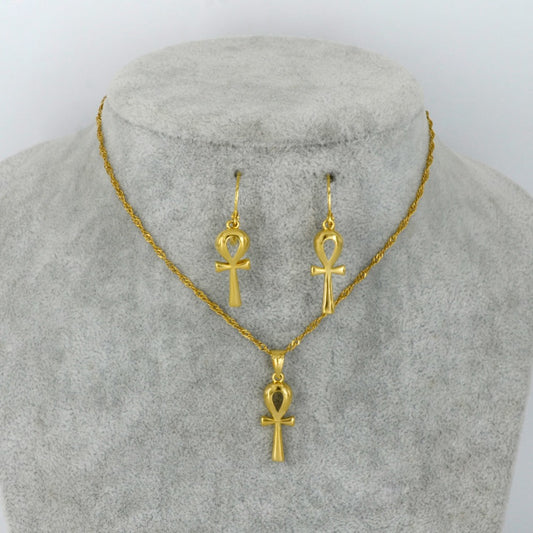 Ankh Pendant & Chain Gold Earrings