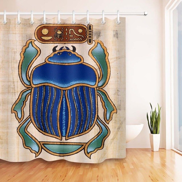 Set Shower Curtain Blue Scarab Beetle Papyrus With Mat