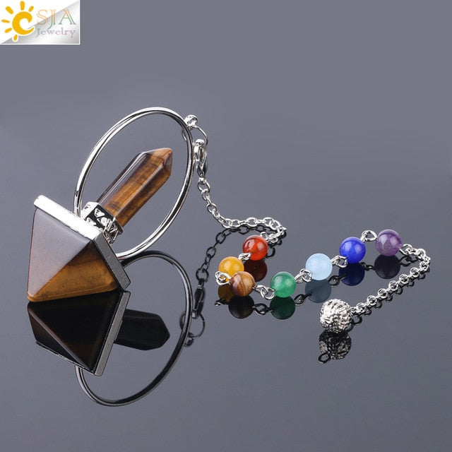 Reiki Healing 7 Chakra Natural Stone Pendulum for Dowsing Hexagonal Pyramid White Pink Crystal Obsidian Pendants